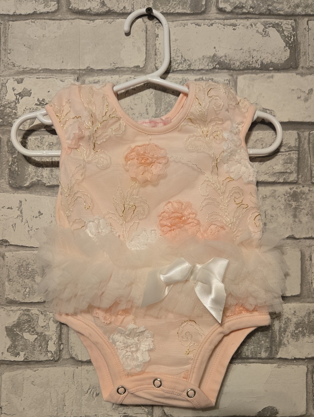 Popatu Peach Floral Tulle One-Piece Bodysuit with Satin Bow